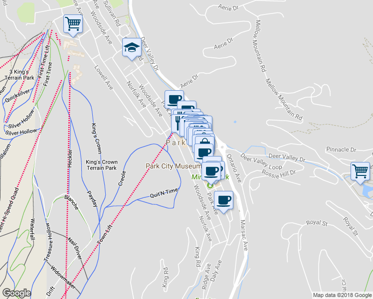 map of restaurants, bars, coffee shops, grocery stores, and more near 609 Park Avenue in Park City