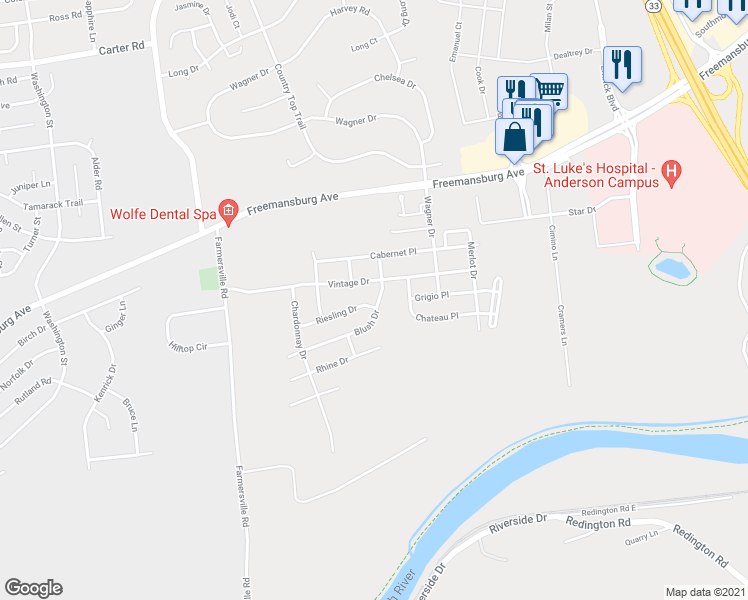 map of restaurants, bars, coffee shops, grocery stores, and more near 1811 Riesling Drive in Easton