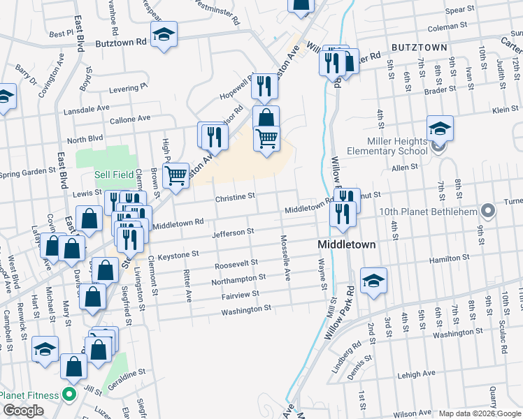 map of restaurants, bars, coffee shops, grocery stores, and more near 3031 Middletown Road in Bethlehem