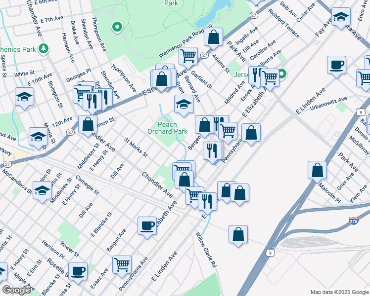 map of restaurants, bars, coffee shops, grocery stores, and more near 1433 Bergen Avenue in Linden