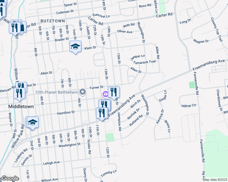 map of restaurants, bars, coffee shops, grocery stores, and more near 2021 14th Street in Bethlehem