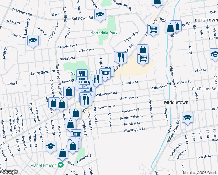 map of restaurants, bars, coffee shops, grocery stores, and more near 2820 Christine Street in Bethlehem
