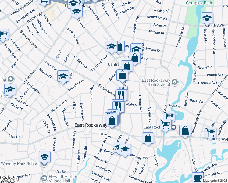 map of restaurants, bars, coffee shops, grocery stores, and more near 741 Scranton Ave in East Rockaway