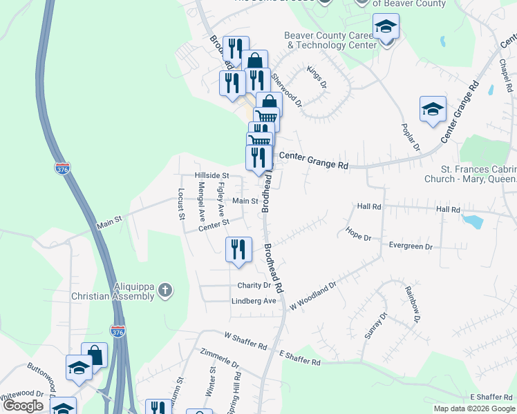 map of restaurants, bars, coffee shops, grocery stores, and more near 3385 Brodhead Rd in Aliquippa