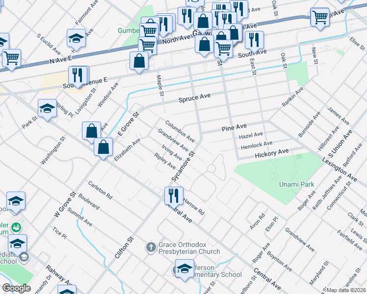 map of restaurants, bars, coffee shops, grocery stores, and more near 1022 Grandview Avenue in Westfield