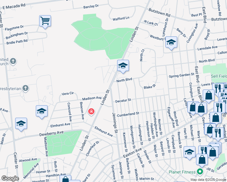 map of restaurants, bars, coffee shops, grocery stores, and more near 2340 Jennings Street in Bethlehem