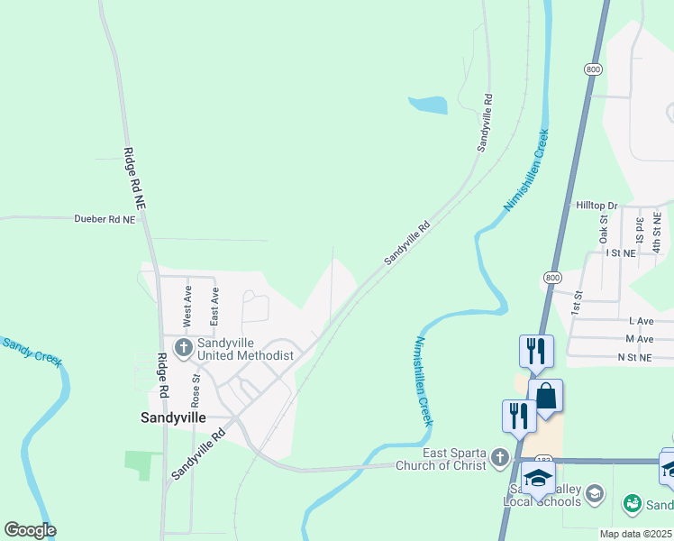 map of restaurants, bars, coffee shops, grocery stores, and more near 12090 Steele Drive in Sandyville