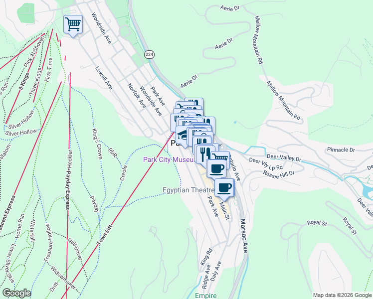 map of restaurants, bars, coffee shops, grocery stores, and more near 609 Park Avenue in Park City