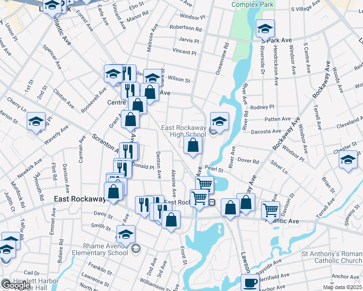 map of restaurants, bars, coffee shops, grocery stores, and more near 16 Union Street in East Rockaway