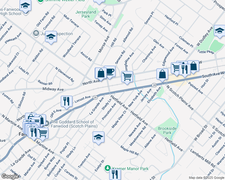 map of restaurants, bars, coffee shops, grocery stores, and more near 2261 South Avenue in Scotch Plains