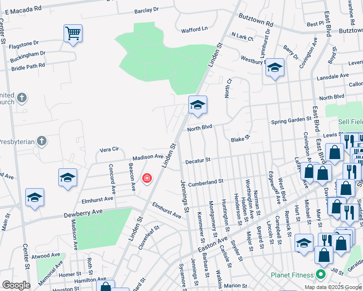 map of restaurants, bars, coffee shops, grocery stores, and more near 2340 Jennings Street in Bethlehem