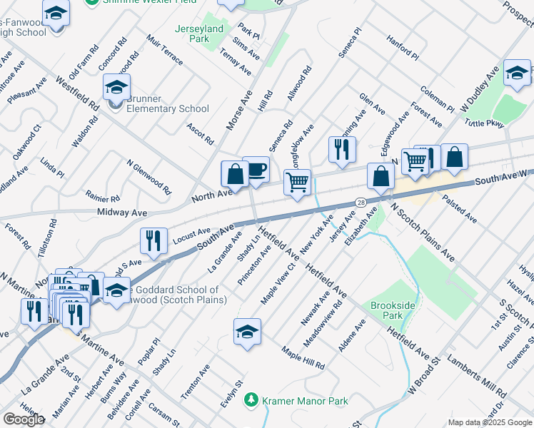 map of restaurants, bars, coffee shops, grocery stores, and more near 2261 South Avenue in Scotch Plains