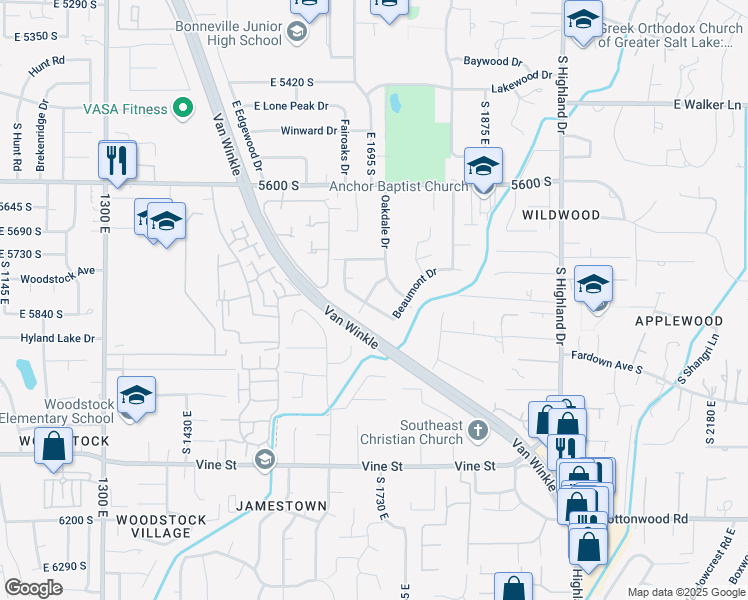 map of restaurants, bars, coffee shops, grocery stores, and more near 5795 South Conway Road in Holladay