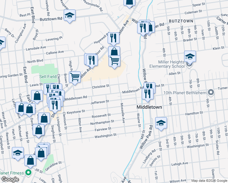 map of restaurants, bars, coffee shops, grocery stores, and more near 3031 Middletown Road in Bethlehem