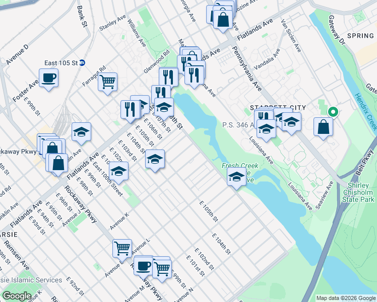 map of restaurants, bars, coffee shops, grocery stores, and more near 10560 Flatlands 2nd Street in Brooklyn