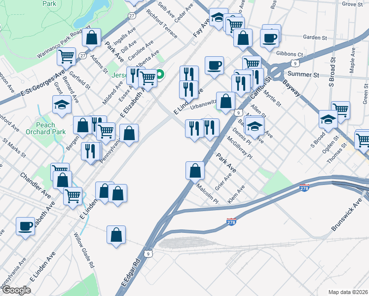 map of restaurants, bars, coffee shops, grocery stores, and more near 1900 East Linden Avenue in Linden