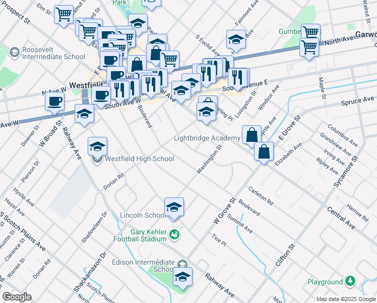 map of restaurants, bars, coffee shops, grocery stores, and more near 634 Carleton Road in Westfield