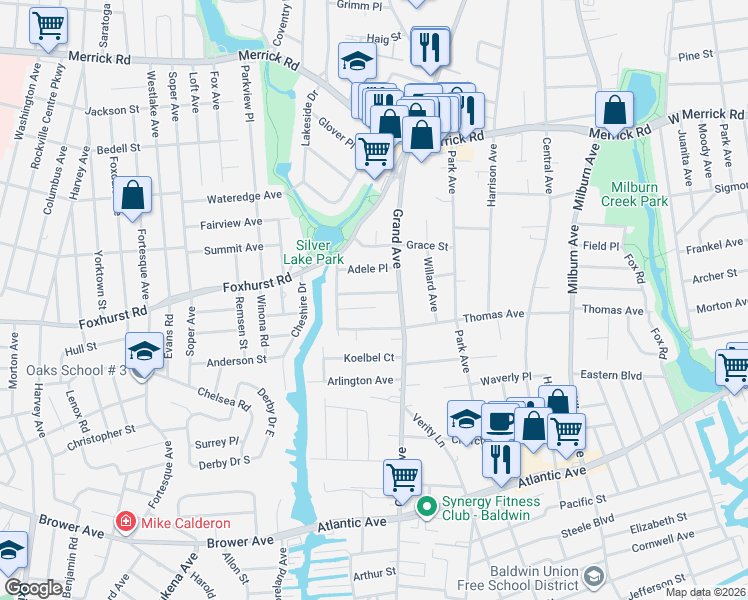 map of restaurants, bars, coffee shops, grocery stores, and more near 6 Riverside Avenue in Baldwin
