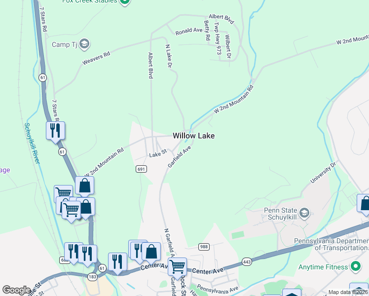 map of restaurants, bars, coffee shops, grocery stores, and more near 23 North Lake Drive in Pottsville