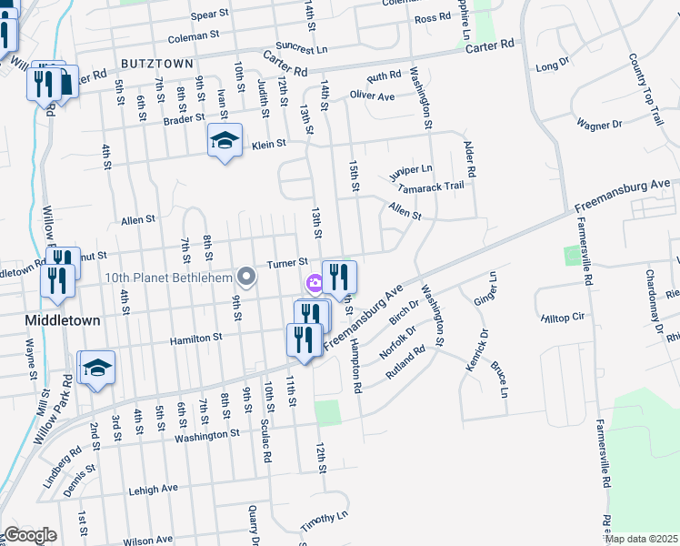 map of restaurants, bars, coffee shops, grocery stores, and more near 2021 14th Street in Bethlehem