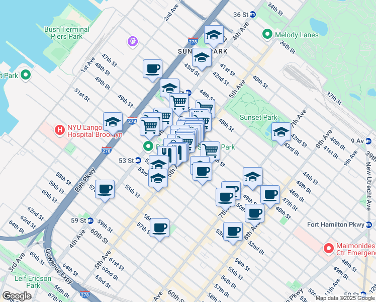 map of restaurants, bars, coffee shops, grocery stores, and more near 5th Ave & 49th St in Brooklyn
