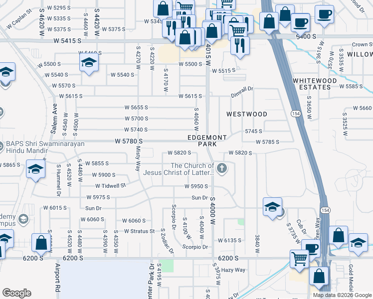 map of restaurants, bars, coffee shops, grocery stores, and more near 4094 West 5820 South in Kearns