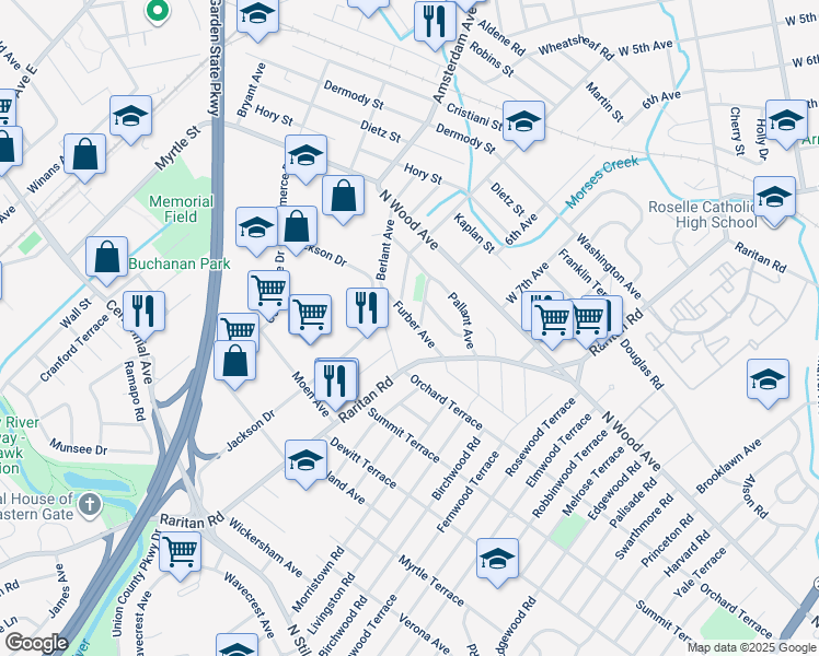 map of restaurants, bars, coffee shops, grocery stores, and more near 53 Furber Avenue in Linden