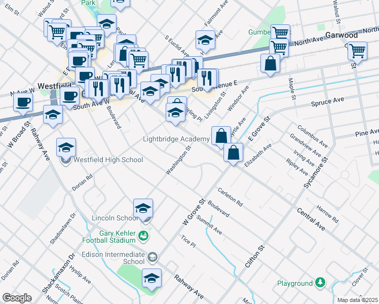 map of restaurants, bars, coffee shops, grocery stores, and more near 127 Washington Street in Westfield
