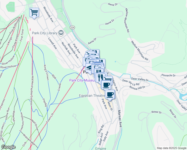 map of restaurants, bars, coffee shops, grocery stores, and more near 606 Park Avenue in Park City