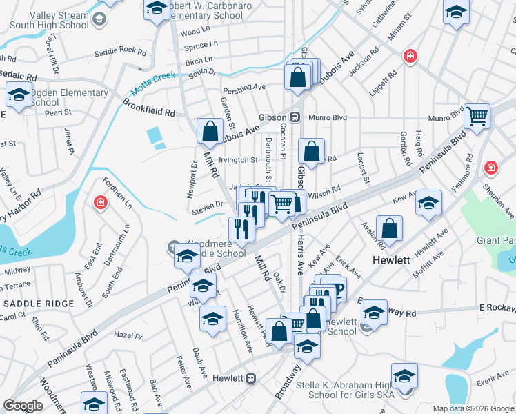 map of restaurants, bars, coffee shops, grocery stores, and more near 113 Edgeworth Street in Valley Stream