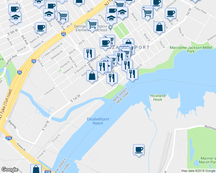 map of restaurants, bars, coffee shops, grocery stores, and more near 63 Elizabeth Avenue in Elizabeth