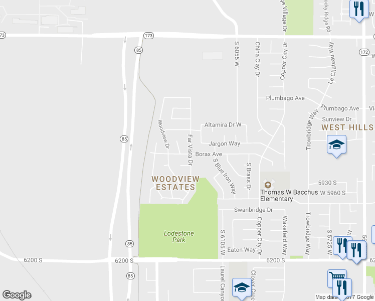 map of restaurants, bars, coffee shops, grocery stores, and more near 5806 Far Vista Drive in Kearns