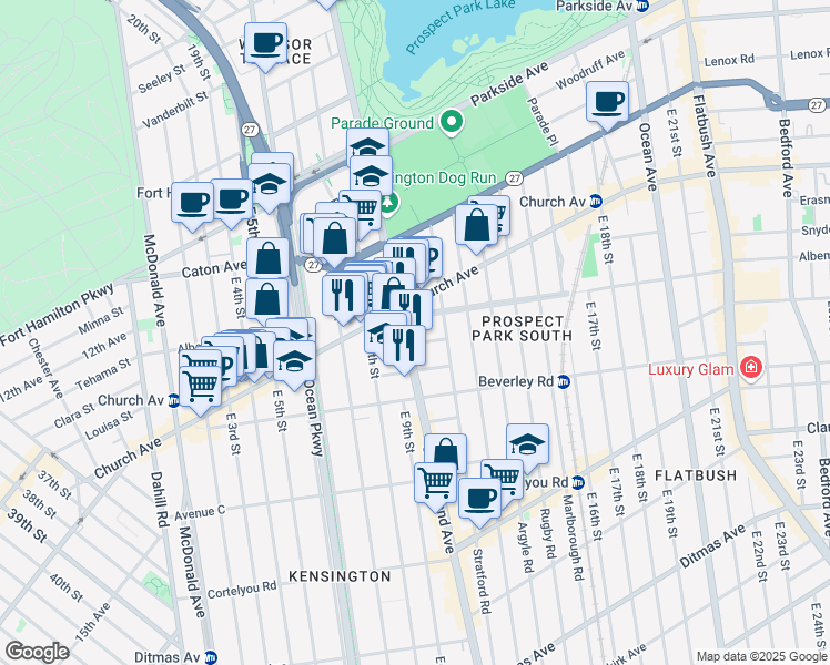map of restaurants, bars, coffee shops, grocery stores, and more near 500 Coney Island Avenue in Brooklyn