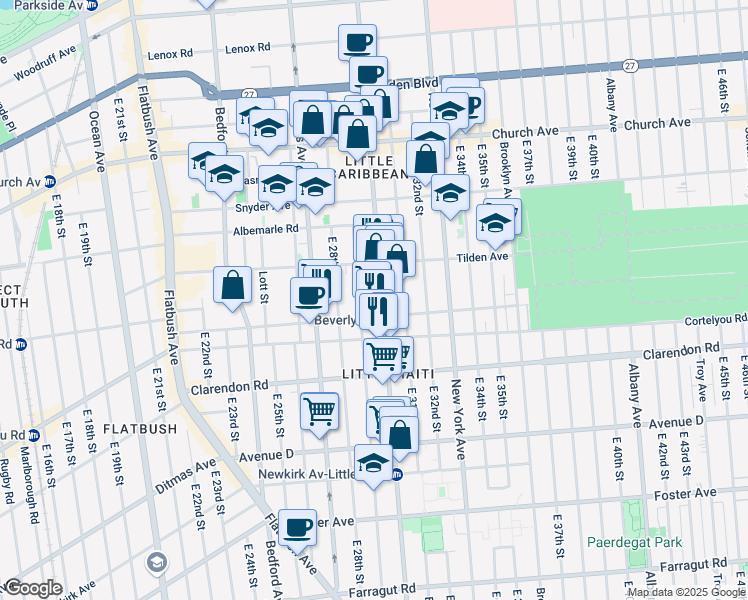 map of restaurants, bars, coffee shops, grocery stores, and more near 159 East 29th Street in Brooklyn