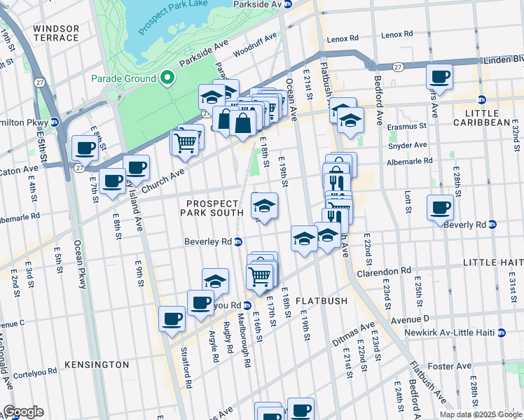 map of restaurants, bars, coffee shops, grocery stores, and more near 205 East 17th Street in Brooklyn