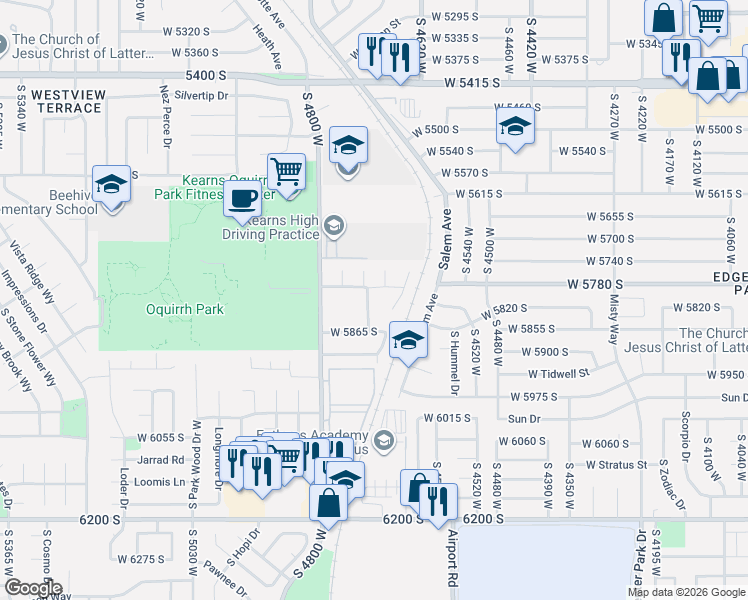map of restaurants, bars, coffee shops, grocery stores, and more near 5818 Bramblewood Lane in Kearns