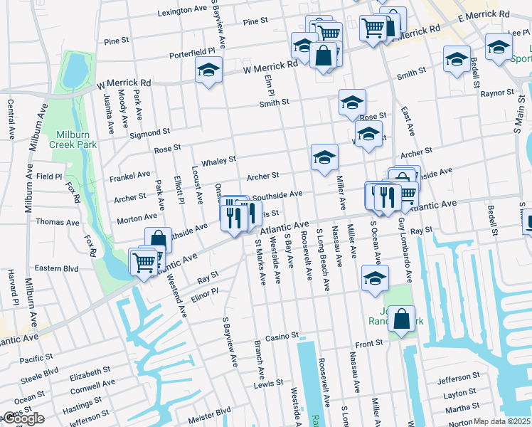 map of restaurants, bars, coffee shops, grocery stores, and more near 31 Morris Street in Freeport