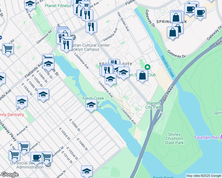 map of restaurants, bars, coffee shops, grocery stores, and more near 671 Louisiana Avenue in Brooklyn