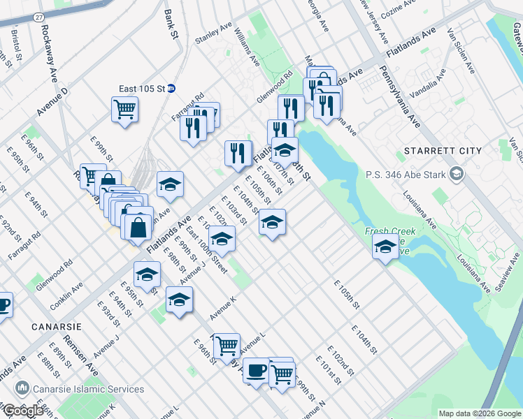 map of restaurants, bars, coffee shops, grocery stores, and more near 1006 East 105th Street in Brooklyn