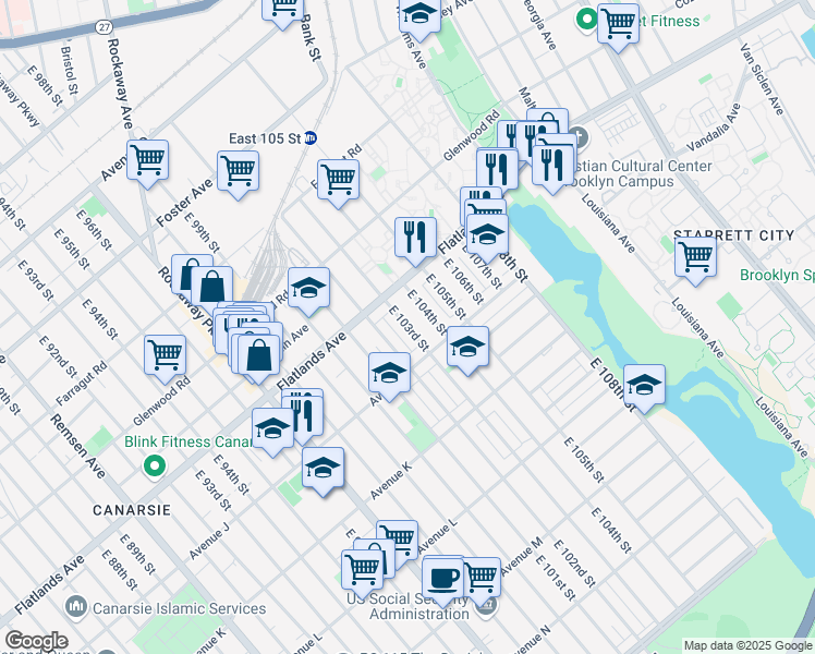 map of restaurants, bars, coffee shops, grocery stores, and more near 967 East 103rd Street in Brooklyn