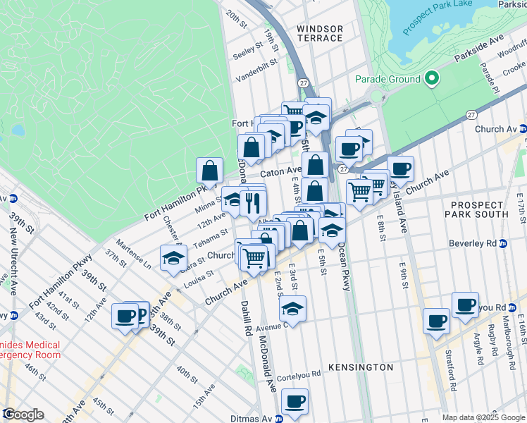 map of restaurants, bars, coffee shops, grocery stores, and more near 205 Albemarle Road in Brooklyn