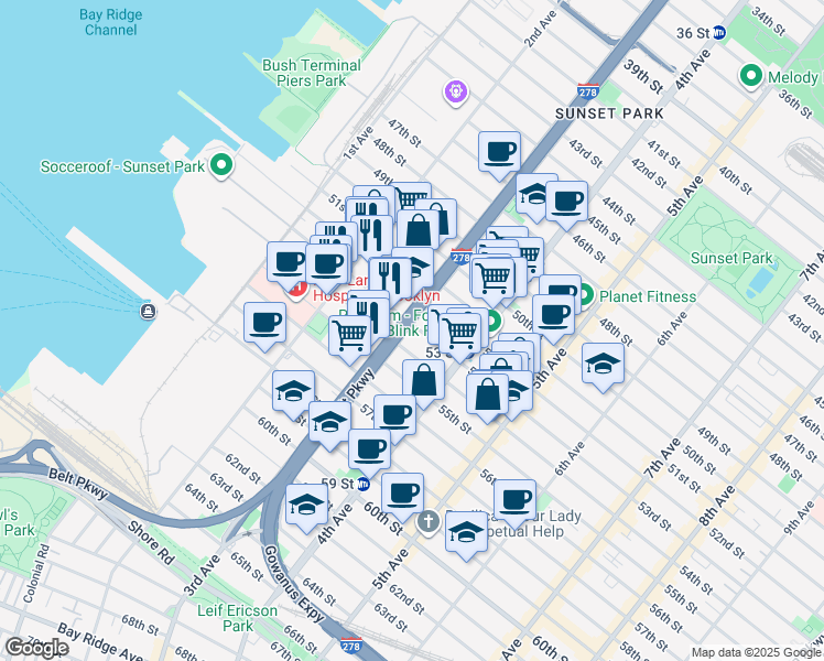 map of restaurants, bars, coffee shops, grocery stores, and more near 324 53rd Street in Brooklyn