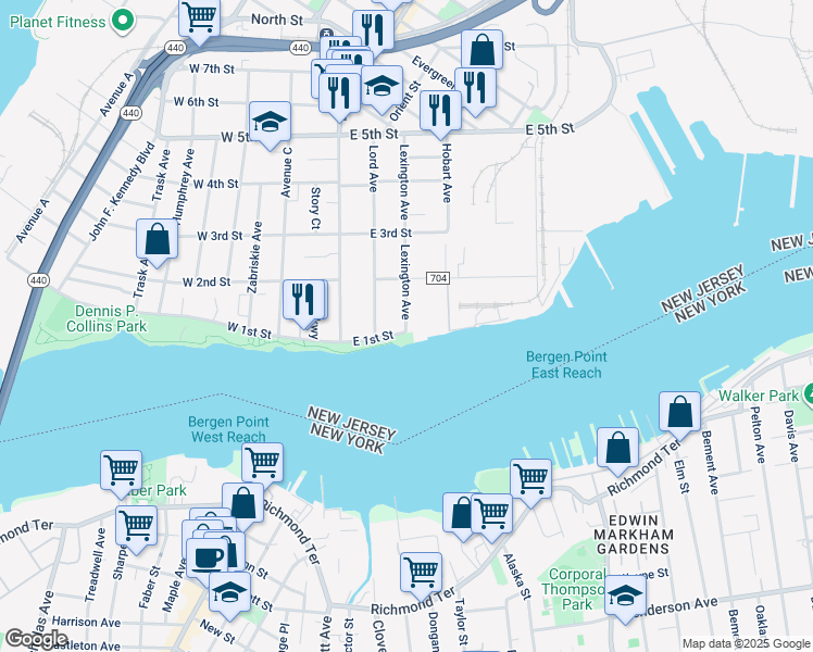 map of restaurants, bars, coffee shops, grocery stores, and more near 46-98 East 1st Street in Bayonne