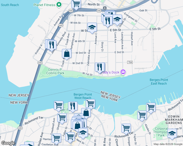 map of restaurants, bars, coffee shops, grocery stores, and more near 64 West 1st Street in Bayonne