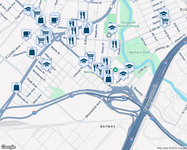 map of restaurants, bars, coffee shops, grocery stores, and more near 727 Thomas Street in Elizabeth