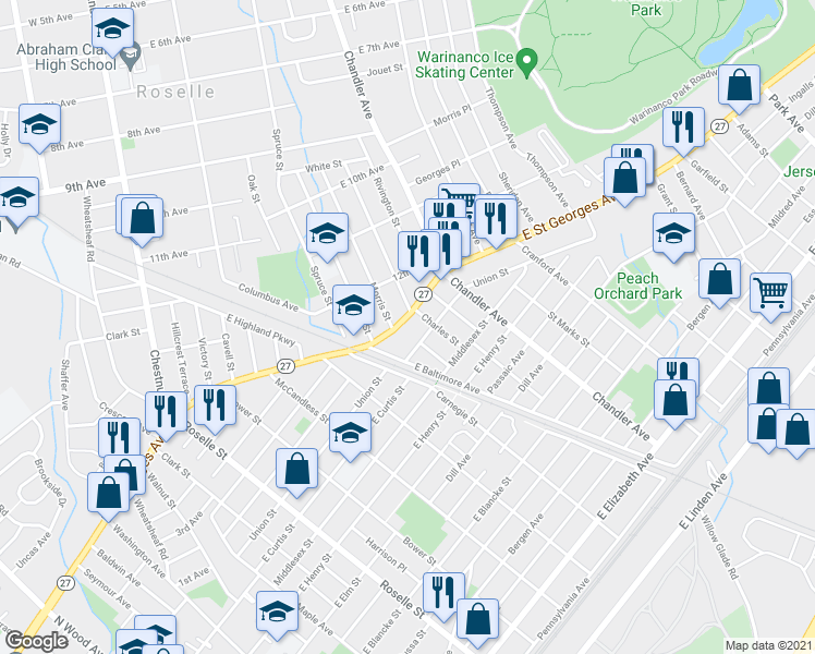 map of restaurants, bars, coffee shops, grocery stores, and more near 1140 East Saint Georges Avenue in Linden