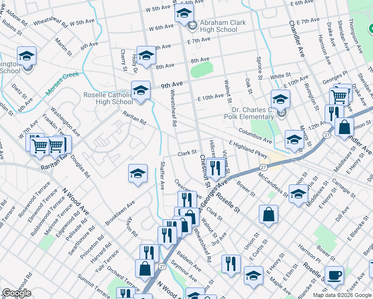 map of restaurants, bars, coffee shops, grocery stores, and more near 1216 Wheatsheaf Road in Roselle
