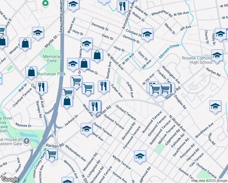 map of restaurants, bars, coffee shops, grocery stores, and more near 53 Furber Avenue in Linden