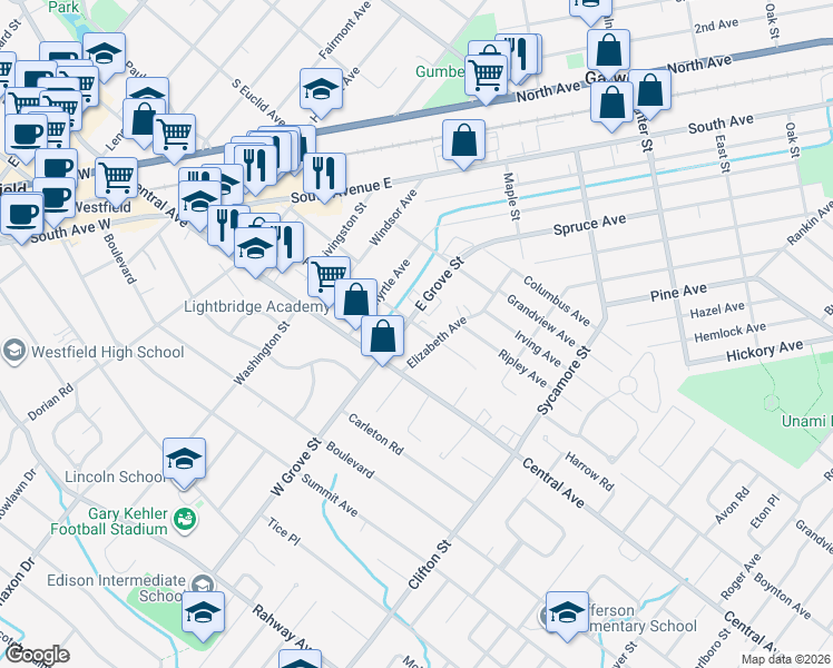 map of restaurants, bars, coffee shops, grocery stores, and more near 124 East Grove Street in Westfield