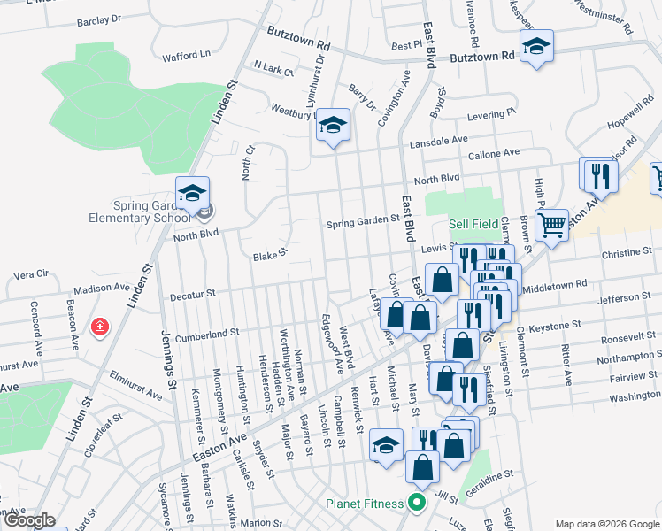 map of restaurants, bars, coffee shops, grocery stores, and more near 1125 Decatur Street in Bethlehem
